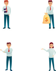 Business man icons set cartoon vector. Businessman with money bag. Taking loan in bank
