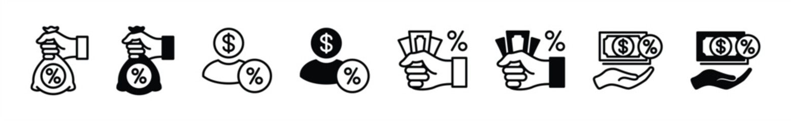 Creditor icon set. Loan provider business, lender, interest money loan, and money lending services icon symbol. Hand with money bag and percent sign. Vector illustration