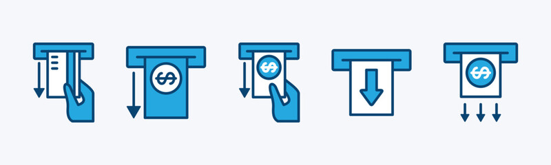 Cash withdrawal icon set. Withdraw money icon. Attract income, earning money, withdraw credit card from ATM slot. Vector illustration
