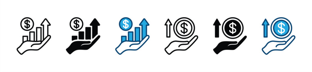 Increased income icon set. Increase revenue icon. Growth, money, fund, profit, and salary icon symbol. Vector illustration