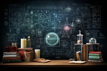 Black chalkboard inscribed with scientific formulas - obrazy, fototapety, plakaty