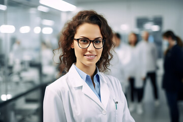 A Beautiful young female scientist wearing white coat and glasses in a modern Medical Science Laboratory 