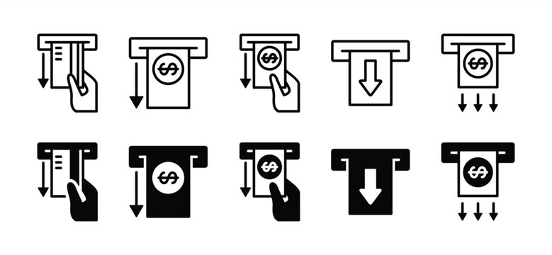 Cash withdrawal icon set. Withdraw money icon. Attract income, earning money, withdraw credit card from ATM slot. Vector illustration
