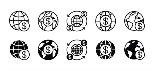 Financial globalization icon set. Global or world money business icon symbol. Earth globe. International finance transactions. Vector illustration
