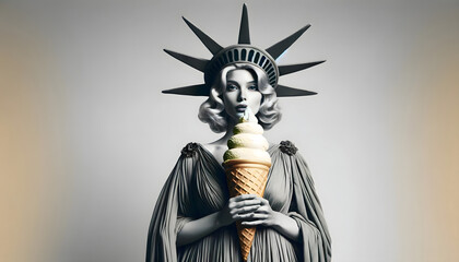 A fashionable lady dressed up as the Statue of Liberty and holding an ice cream cone.