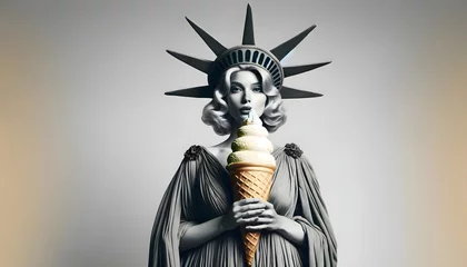 Stickers pour porte Statue de la Liberté A fashionable lady dressed up as the Statue of Liberty and holding an ice cream cone.