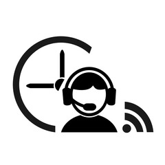 Vector illustration, logo, web icon of a man in headphones, a support service operator. Isolated on a white background.