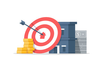 Financial target goal concept vector flat cartoon illustration, idea of marketing business money earnings aim,  strategy achievement - obrazy, fototapety, plakaty