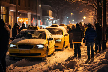 Unrecognizable people standing near stranded taxi cabs on snowy road in downtown during winter night
