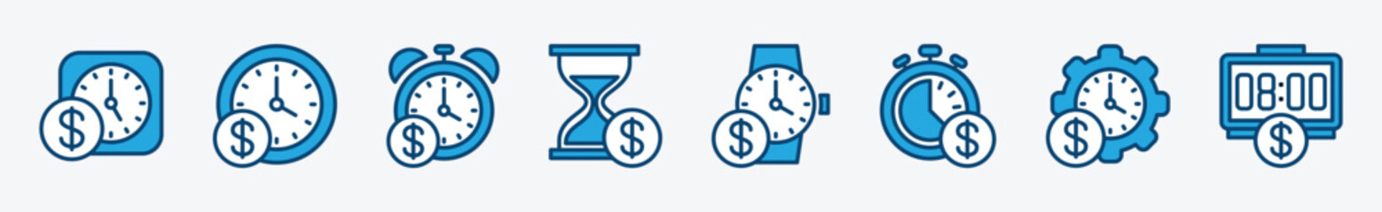 Time is money icons. Time, clock, and timer with money or coin sign and symbol. Vector illustration - obrazy, fototapety, plakaty
