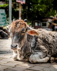 Obraz premium Closeup shot of a mountain cow resting on the tile ground in the city on a sunny