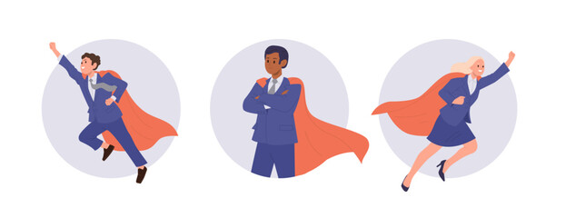 Successful businessman and businesswoman cartoon character in superhero cloak round composition