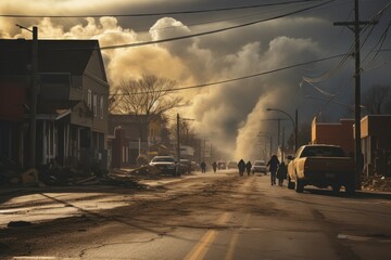 Unrecognizable crowd of people walking on road with buildings against tornado cumulus clouds