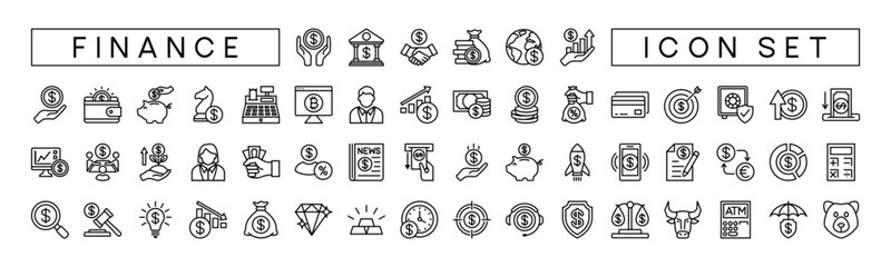 Business and finance thin line icon set. Savings, bank, cash, loan, goal, profit, investment, budget, payment, earnings, piggy bank, increase & decrease, target, support and more. Symbol illustration