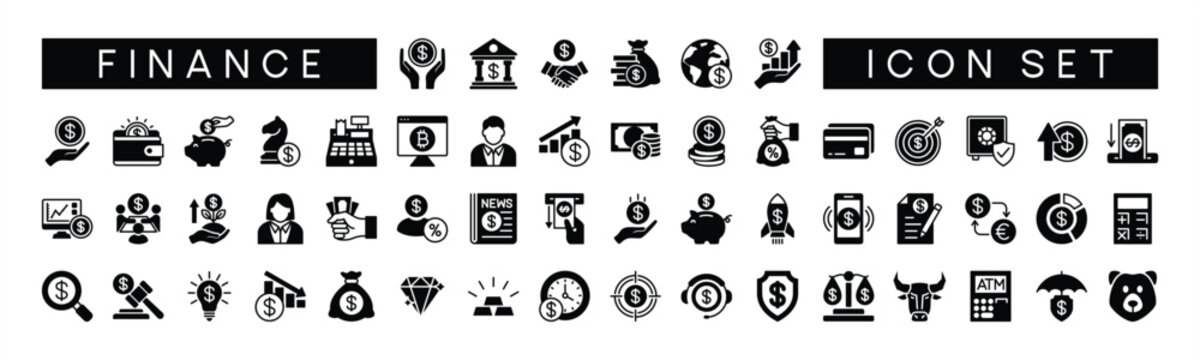 Finance icon set. Containing savings, bank, cash, loan, goal, profit, investment, budget, payment, earnings, piggy bank, increase & decrease, target, support, strategy and more. Symbol illustration