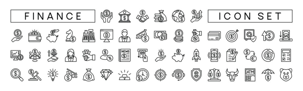Business and finance thin line icon set. Savings, bank, cash, loan, goal, profit, investment, budget, payment, earnings, piggy bank, increase & decrease, target, support and more. Symbol illustration