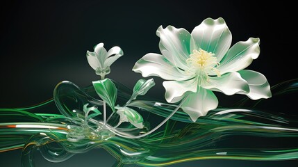  a white flower sitting on top of a green and white wave of liquid in front of a black background with a white and yellow center flower in the middle of the center.  generative ai
