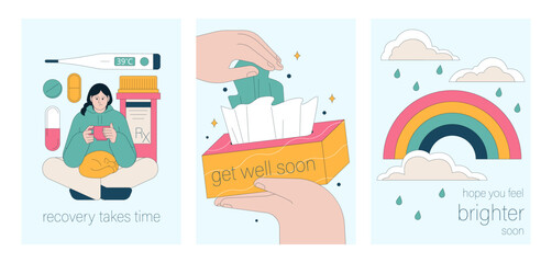 Get well soon card set. Positive and motivational poster with greeting quote. Medicine postcard with feel better lettering. Recovery affirmation and wishes. Flat vector Illustration