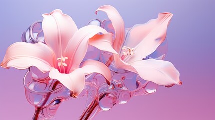  a close up of a pink flower in a glass vase with water on the bottom of the vase and on the bottom of the vase is a blue and pink background.  generative ai