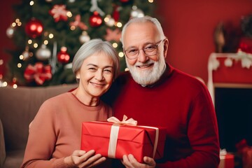 Portrait of old senior Caucasian couple holding wrapped gift presents wear red warm sweaters on christmas eve