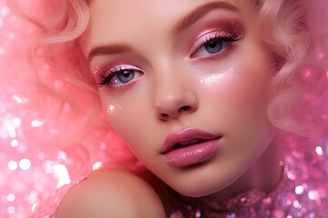 Enchanting Model with Pink Hair and Glitter Makeup