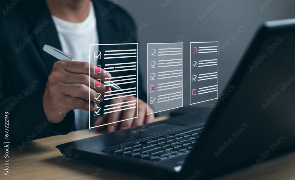 Poster man uses pen to tick checkboxes on business performance checklist on virtual screen. concept of fill