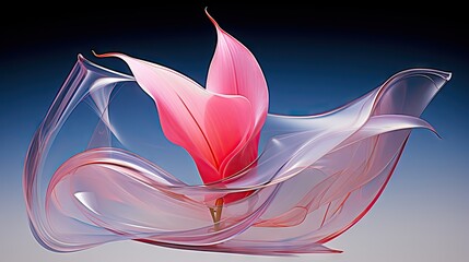  a pink flower that is floating in the air with a long flowing fabric on it's back and a blue back ground with a blue sky in the background.  generative ai