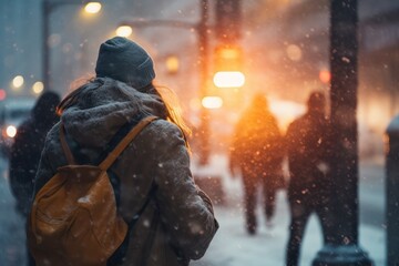 Unrecognizable woman with backpack and in warm clothes walking on snowy street in winter - obrazy, fototapety, plakaty