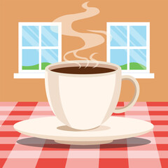 Coffee cup with smoke on a table with window background vector illustration. Coffee and tea steam vector clipart. Coffee cup, tea cup vector art.