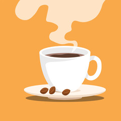 Coffee cup with beans and smoke vector illustration. Coffee and tea steam vector clipart. Coffee cup, tea cup vector art.