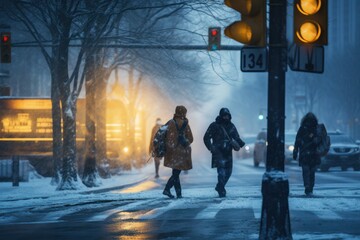 Unrecognizable people in warm clothes walking on road in winter snowfall