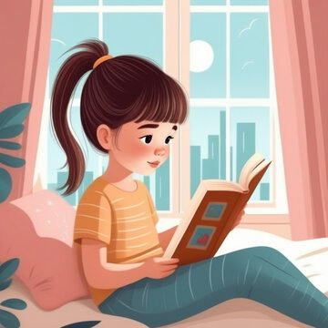 A little girl reading a book on the window bed, children's book illustration style. ai generative