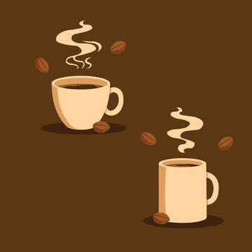 Coffee cup with beans and smoke vector illustration. Coffee and tea steam vector clipart. Coffee cup, tea cup vector art.