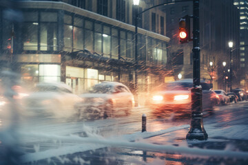 Fototapeta na wymiar Cars driving on city street during snowstorm at night