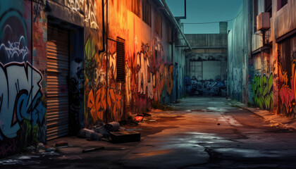Fototapeta na wymiar Narrow streets in the city, full of colorful painted murals and graffiti.