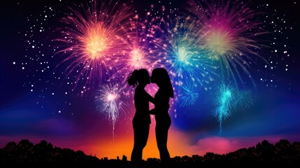 silhouette of a loving lesbian couple on a background of colorful fireworks