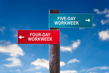 Five-day or Four-day workweek - Traffic sign with two options.