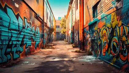 Fotobehang Narrow streets in the city, full of colorful painted murals and graffiti. © Ruslan Gilmanshin