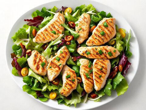 Chicken fillet with salad healthy food, Top view on white background.