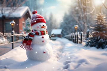 Obraz premium Smiling snowman in front of the house on winter day