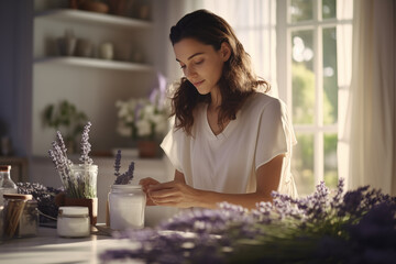 a woman prepares a natural lavender cream - obrazy, fototapety, plakaty