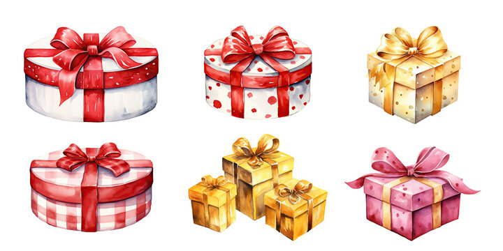 Set of watercolor colorful gift boxes for special event or Christmas celebration isolated on transparent background, festive and happy moment concept.