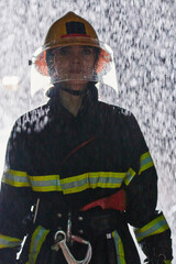 Fototapeta premium A determined female firefighter in a professional uniform striding through the dangerous, rainy night on a daring rescue mission, showcasing her unwavering bravery and commitment to saving lives.