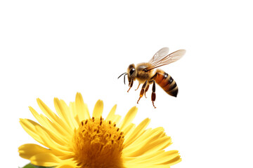 A flying honey bee flying to a yellow flower on a white or transparent background cutout. Macro side close-up view. macro. bee yellow flower png. - obrazy, fototapety, plakaty