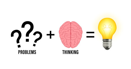 Problem solving concept showing solving problems using the brain through thinking and creativity. Question marks are representative of problems, and glowing lamp are solutions. Vector illustration