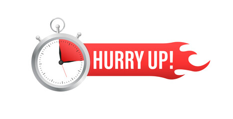 Hurry up with clock for promotion, banner, price. Hurry Up Sign With Stop Watch. Label countdown of time for offer sale or exclusive deal. Red limited offer. Alarm clock. Vector illustration