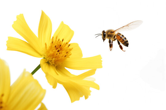 A flying honey bee flying to a yellow flower on a white or transparent background cutout. Macro side close-up view. macro. bee yellow flower png.
