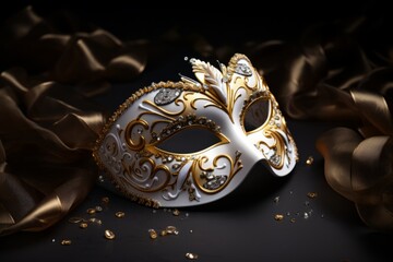 Carnaval white and golden mask on dark background
