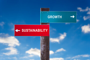 Growth versus Sustainability - Road sign with two options.