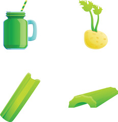 Celery drink icons set cartoon vector. Sliced stem round root and green smoothie. Healthy lifestyle